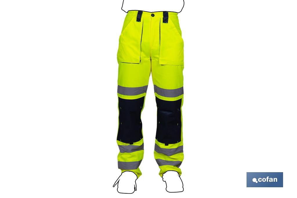 PANTALÓN DE ALTA VISIBILIDAD MODELO SIRIO AMARILLO Y AZUL MARINO TALLA XL