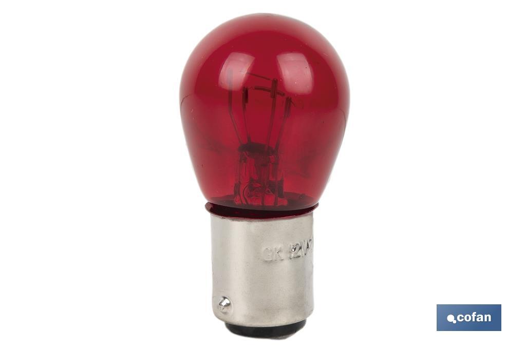 LÁMPARA COFAN 2 POLOS ROJA CENTRADA P21/5W (BAY15D) 12V VENTA UNITARIA LÁMPARA COFAN 2 POLOS ROJA CENTRADA P21/5W (BAY15D) 12V VENTA UNITARIA