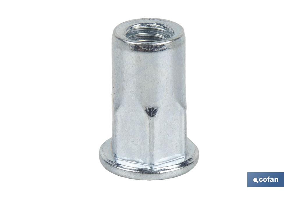 TUERCAS REMACHABLES SEMIHEXAGONAL FONDO ABIERTO CABEZA ANCHA ACERO M5 X 13,5 TUERCAS REMACHABLES SEMIHEXAGONAL FONDO ABIERTO CABEZA ANCHA ACERO M5 X 13,5