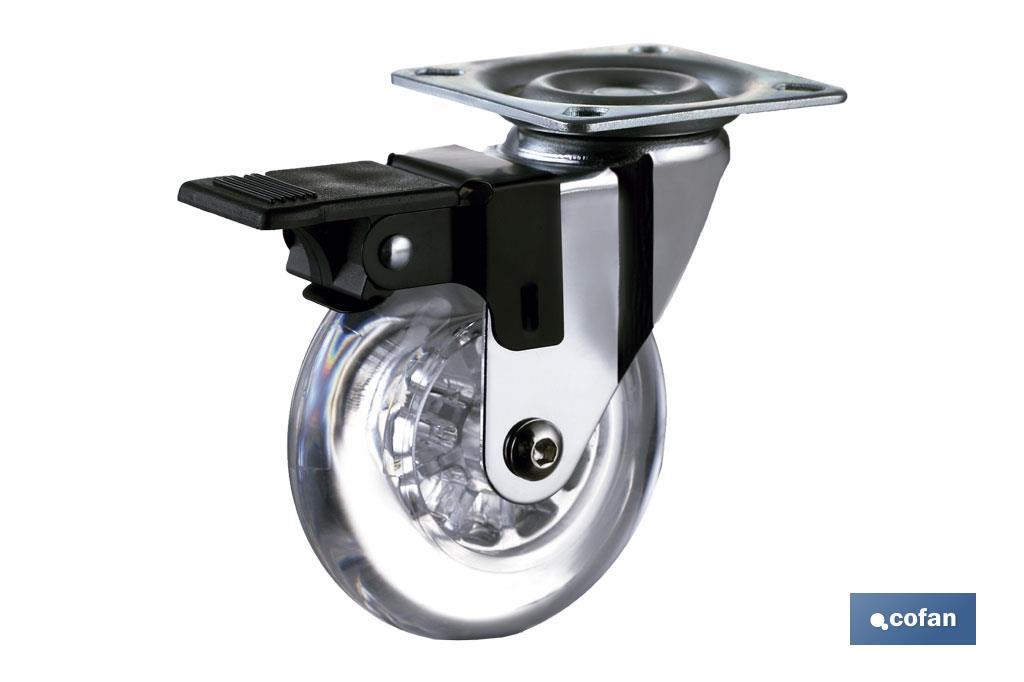 RUEDA TRANSP/CROMADO PLACA/FRENO PU Ø35MM RUEDA TRANSP/CROMADO PLACA/FRENO PU Ø35MM