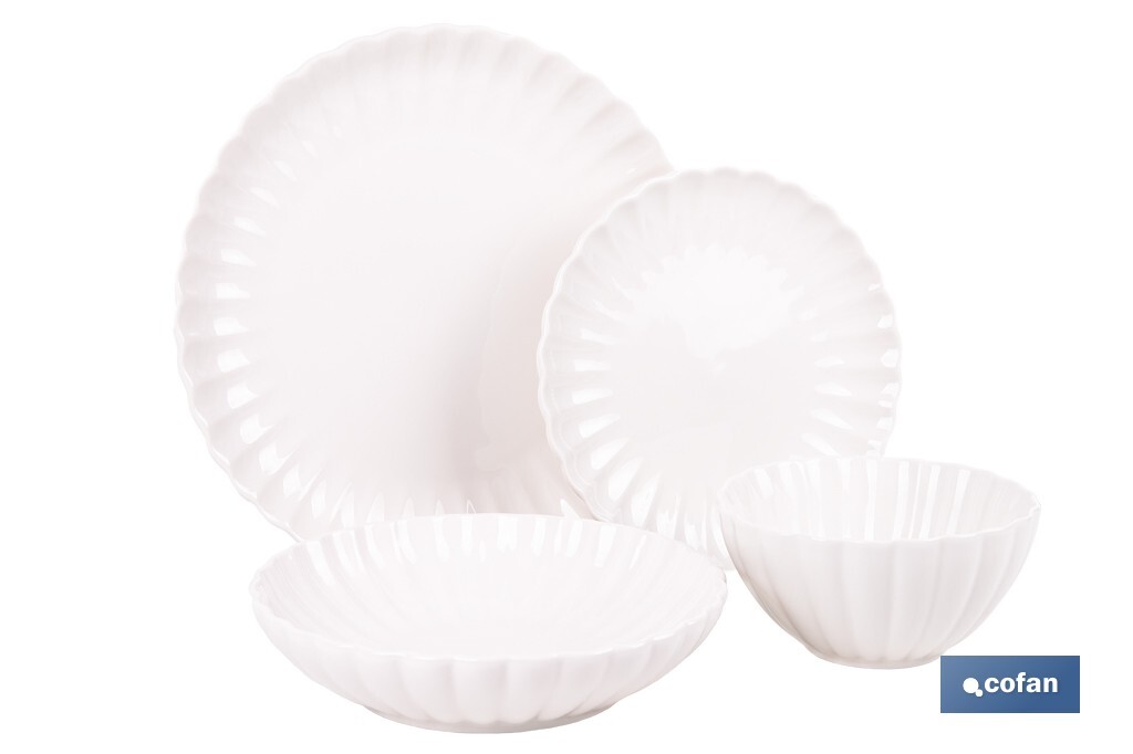 VAJILLA DE PORCELANA EN RELIEVE COLOR BLANCO ESMALTADO 16 PIEZAS