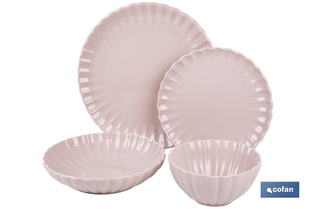 VAJILLA DE PORCELANA EN RELIEVE COLOR ROSA NUDE ESMALTADO  16 PIEZAS