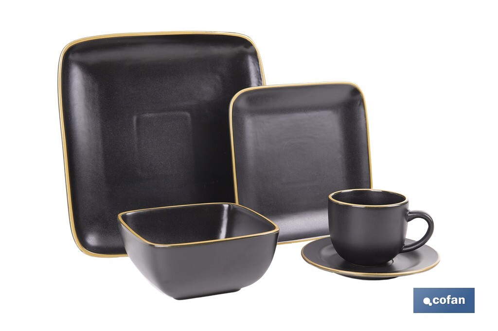 VAJILLA DE CERAMICA DE COLOR NEGRO ESMALTADO DE FORMA CUADRADA CON BORDE VINTAGE 20 PIEZAS