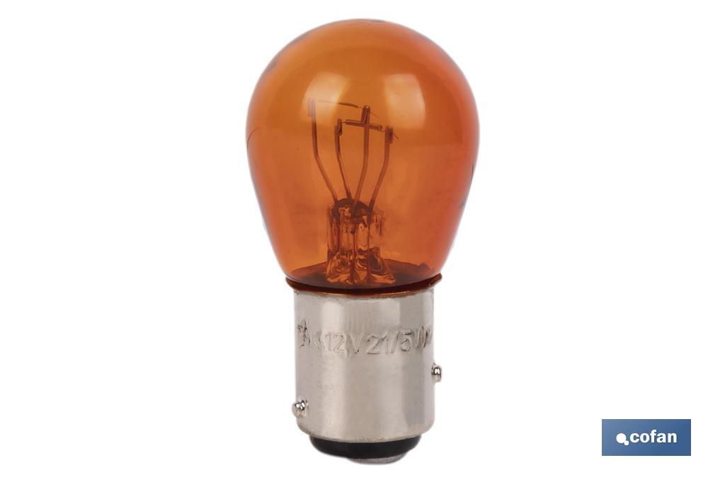 LÁMPARA COFAN 2 POLOS AMBAR DESCENTRADA P21/5W (BAZ15D) 12V VENTA UNITARIA LÁMPARA COFAN 2 POLOS AMBAR DESCENTRADA P21/5W (BAZ15D) 12V VENTA UNITARIA