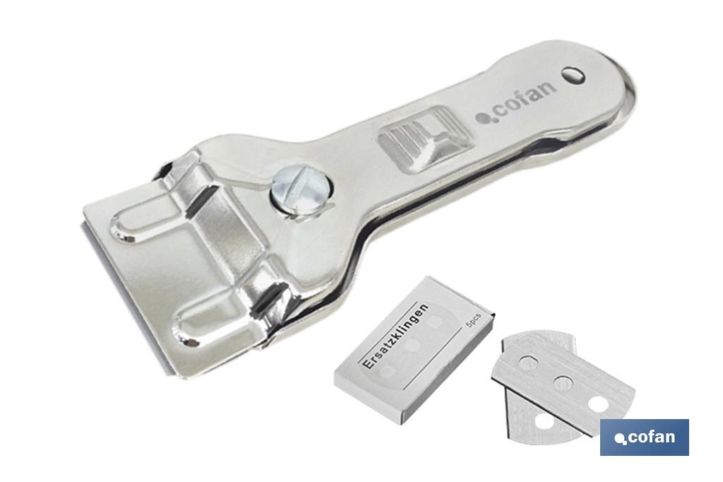 Rasqueta de Vitrocerámica Modelo Sena | Incluye 5 cuchillas | Acero Inox y Niquel | Medidas 13,5 x 4,5 cm